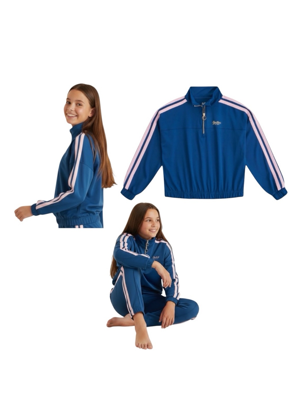 Justice Marine Half-Zip Track Jacket with Light Pink Stripes